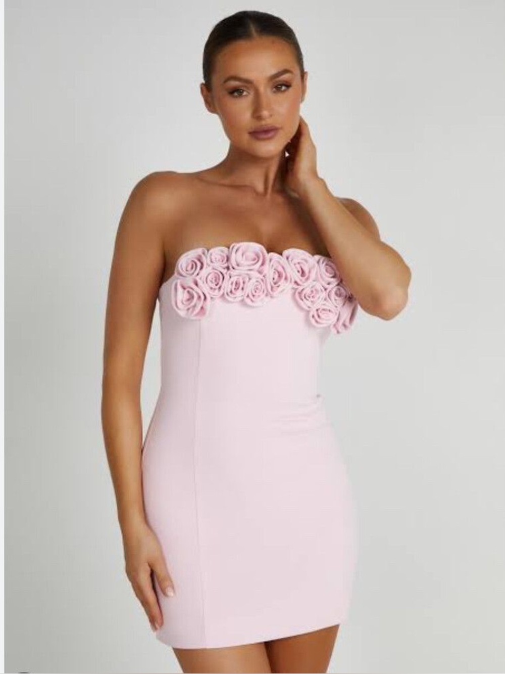Meshki Brooks Rose Mini Dress Strapless Pink Rose Applique Bodycon Dress